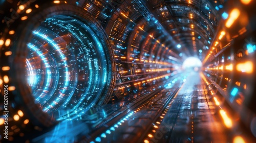 Futuristic digital tunnel with vibrant blue and orange lights, symbolizing high-speed data transfer and advanced technology.