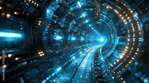 Futuristic sci-fi tunnel with blue neon lights and reflective surfaces, conveying high-speed travel through a space corridor.