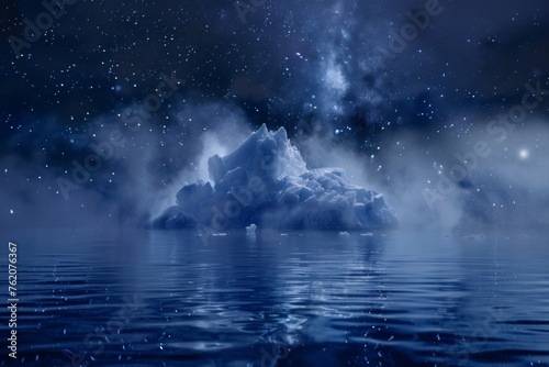 Iceberg with mist and smoke in a starry night ocean scene.