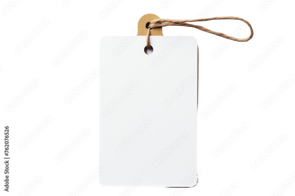White Tag Hanging From Rope on White Background. On a White or Clear Surface PNG Transparent Background.