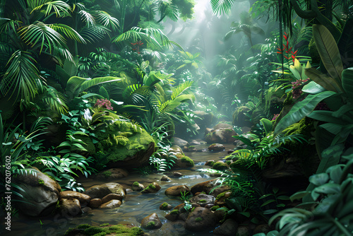 Lush tropical rainforest landscape with a creek, overgrown rocks, and riverbank plants. Serene and exotic atmosphere, perfect for nature and adventure-themed designs.