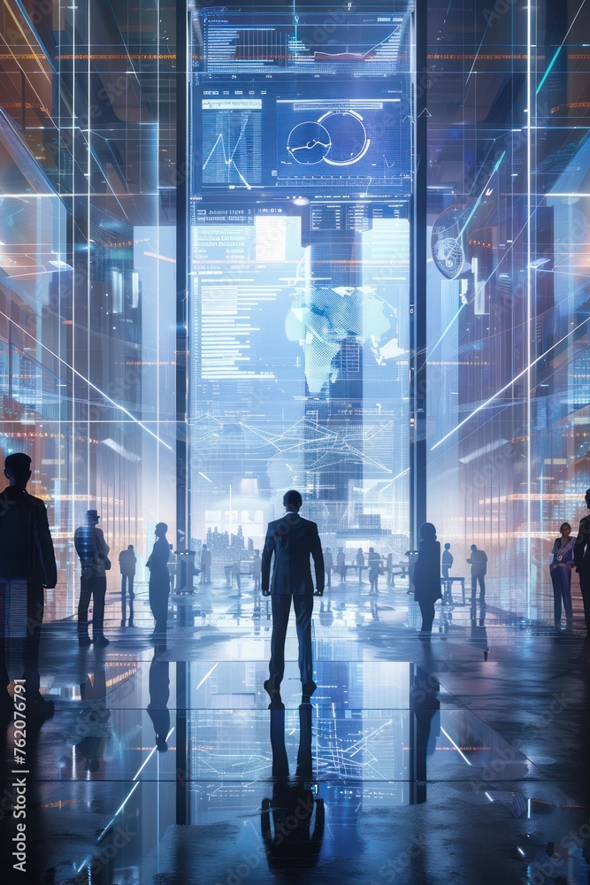 Futuristic corridor with holographic displays and silhouettes of people, conveying a high-tech, sci-fi atmosphere.