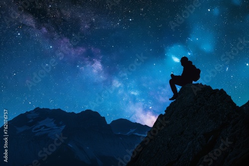 Mountain climber silhouette with smoke signals on a starry night peak. © furyon