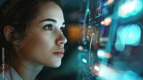 Focused woman interacting with futuristic touchscreen interface, technology concept.