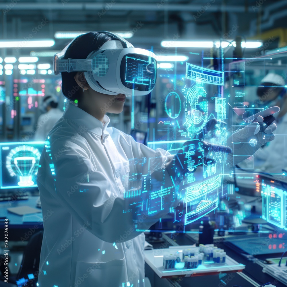 Person using virtual reality headset with futuristic holographic interface in a high-tech environment. Person using virtual reality headset with futuristic holographic interface in a high-tech environment.