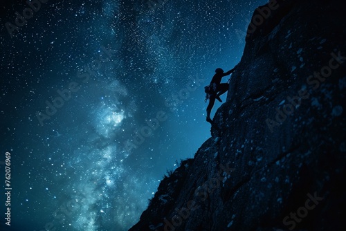 Rock climber silhouette with smoke effect under a starry night ascent.