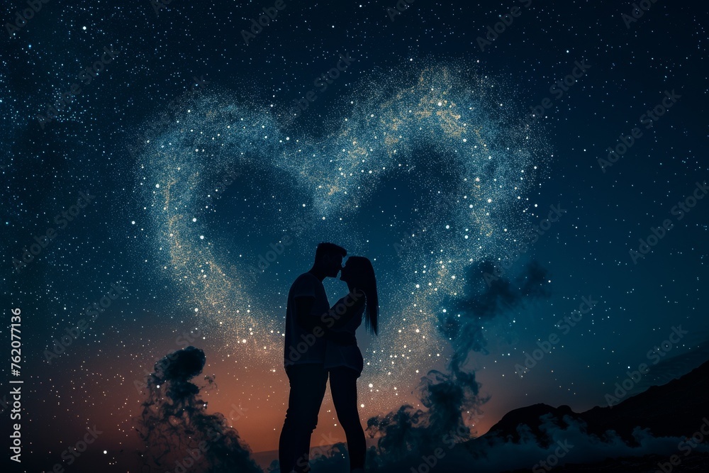 Silhouette of a couple with smoke heart under a starry night romance. Silhouette of a couple with smoke heart under a starry night romance.