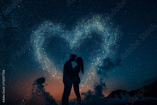 Silhouette of a couple with smoke heart under a starry night romance.