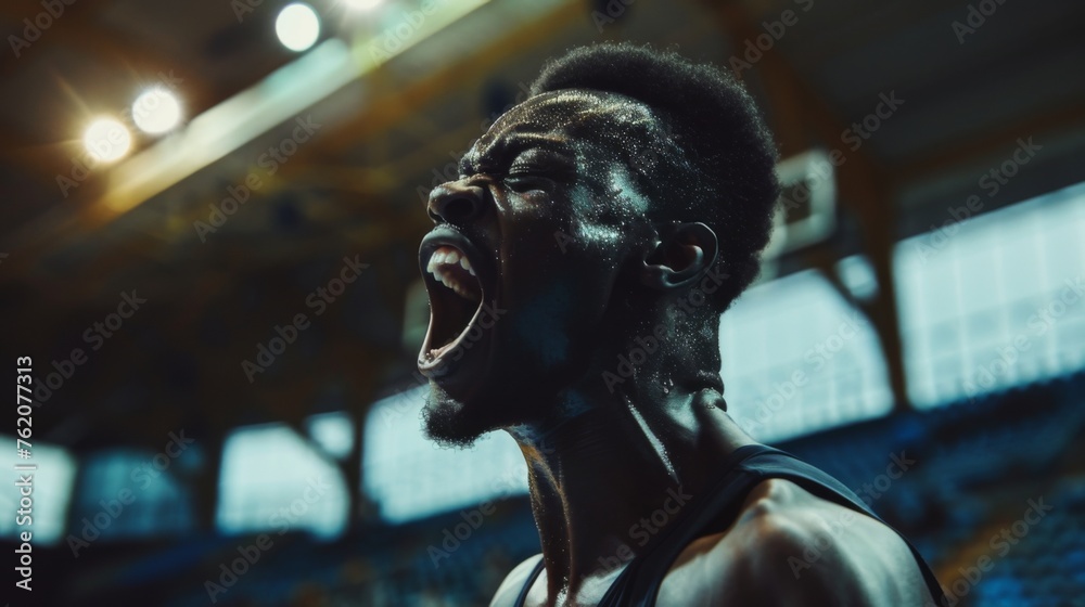 Basketball player celebrates victory. Screams with joy. Basketball stadium in the background. Basketball player celebrates victory. Screams with joy. Basketball stadium in the background.