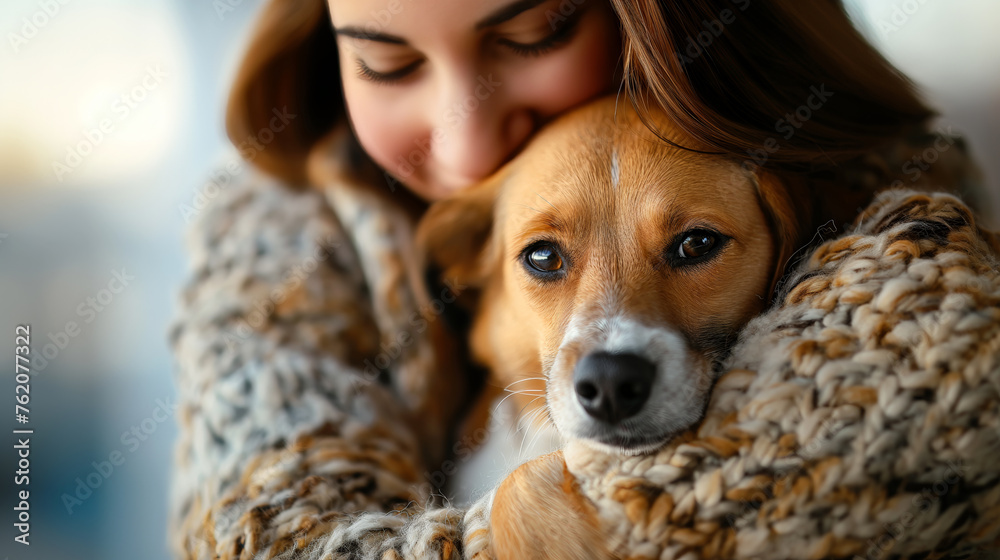 Portrait of Young Woman Cuddling Cute Puppy, Happy Dog Owner Moment Portrait of Young Woman Cuddling Cute Puppy, Happy Dog Owner Moment