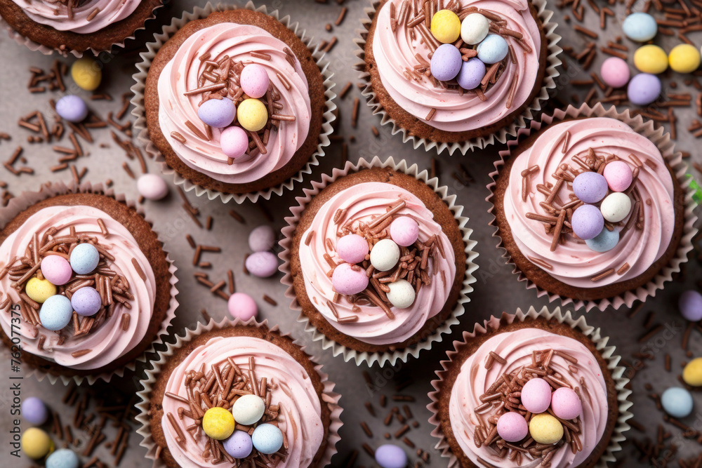 Easter cupcakes with speckled candy eggs nestled within the frosting. Easter cupcakes with speckled candy eggs nestled within the frosting.