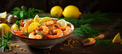 Delicious shrimp dish with lemon on a wooden table. Mediterranean diet concept, banner