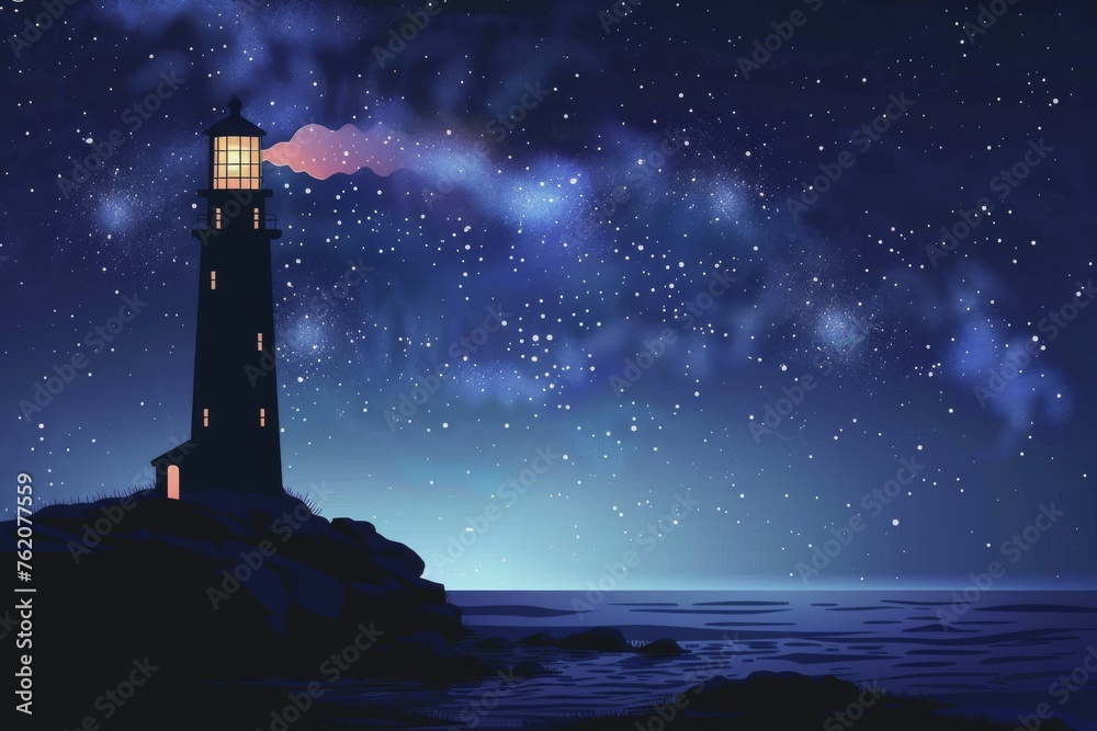 Silhouette of a lighthouse with smoke signals under a starry night seascape.