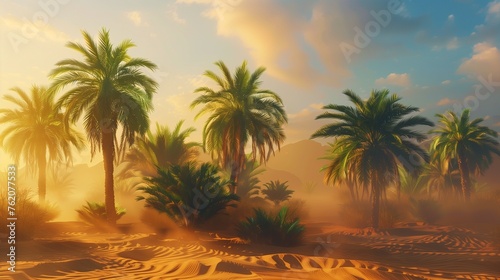 A mystical desert oasis, with emerald green palm trees swaying gently in the breeze, surrounded by golden sands and bathed in the warm glow of the afternoon sun.
