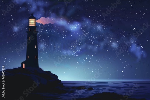 Silhouette of a lighthouse with smoke signals under a starry night seascape.