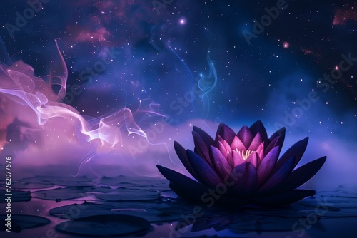 Silhouette of a lotus with smoke petals under a starry night spiritual awakening.