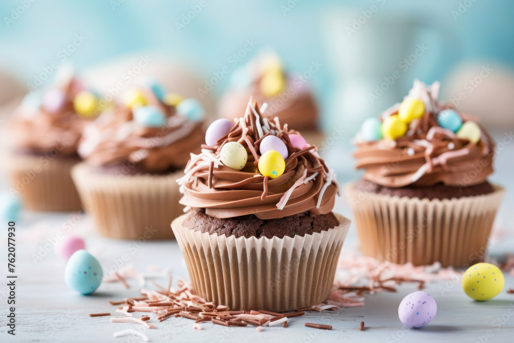 Easter chocolate cupcakes with speckled candy eggs nestled within the frosting. Selective focus.