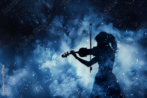 Silhouette of a violinist with smoke notes under a starry night concert.