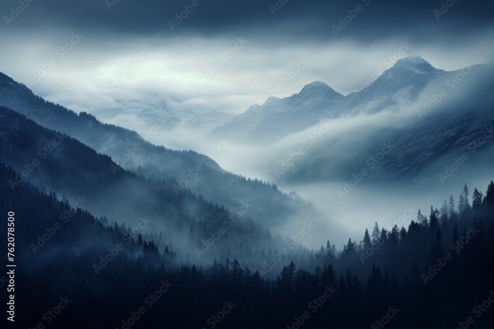 Mountain slopes with growing coniferous trees, shrouded in fog and cloudy sky. The concept for the development of tourism, mountaineering, skiing, rock climbing, excursions in the mountains.  
 - obrazy, fototapety, plakaty 