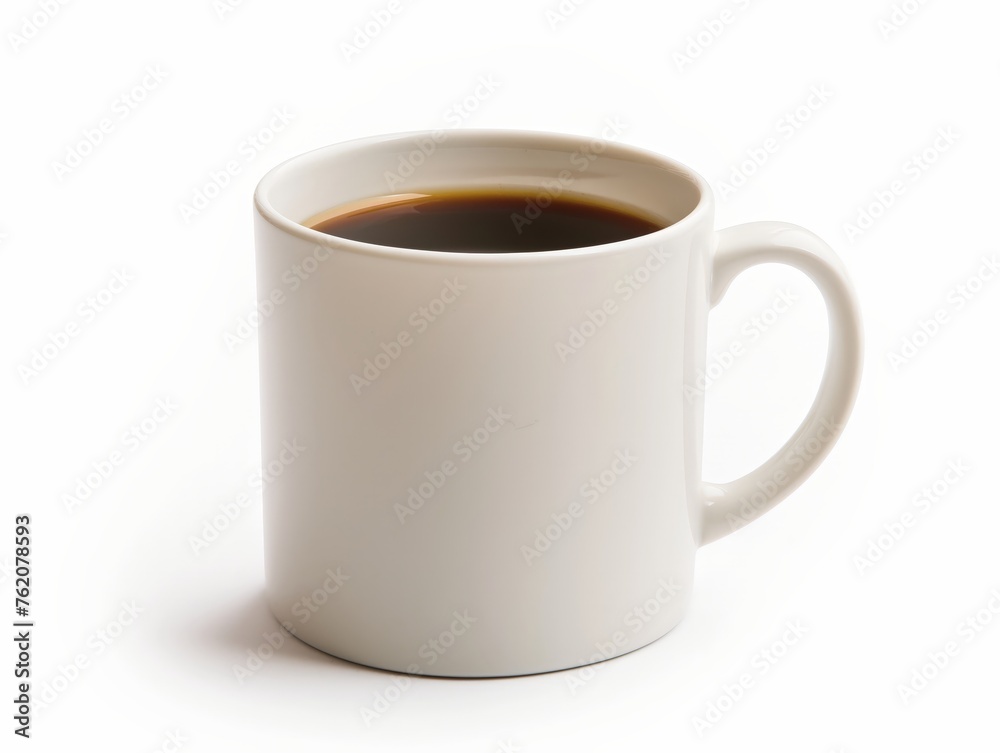 Close-up of a full white mug with coffee against a clean white background, symbolizing refreshment and simplicity. - obrazy, fototapety, plakaty 
