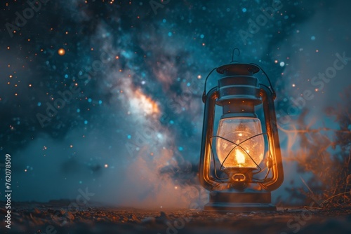 Vintage lantern with smoke drifting upwards under a starry night.