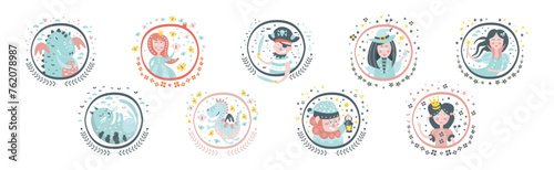 Cute Fairytale Round Sticker with Character Vector Set