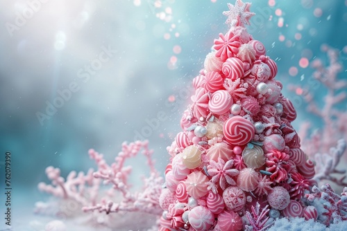Fantasy tree made of sweets bright candy decorations high angle festive mood