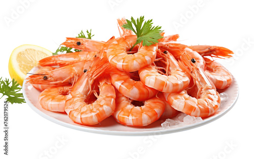 White Plate With Shrimp and Lemon Wedge. On a White or Clear Surface PNG Transparent Background.