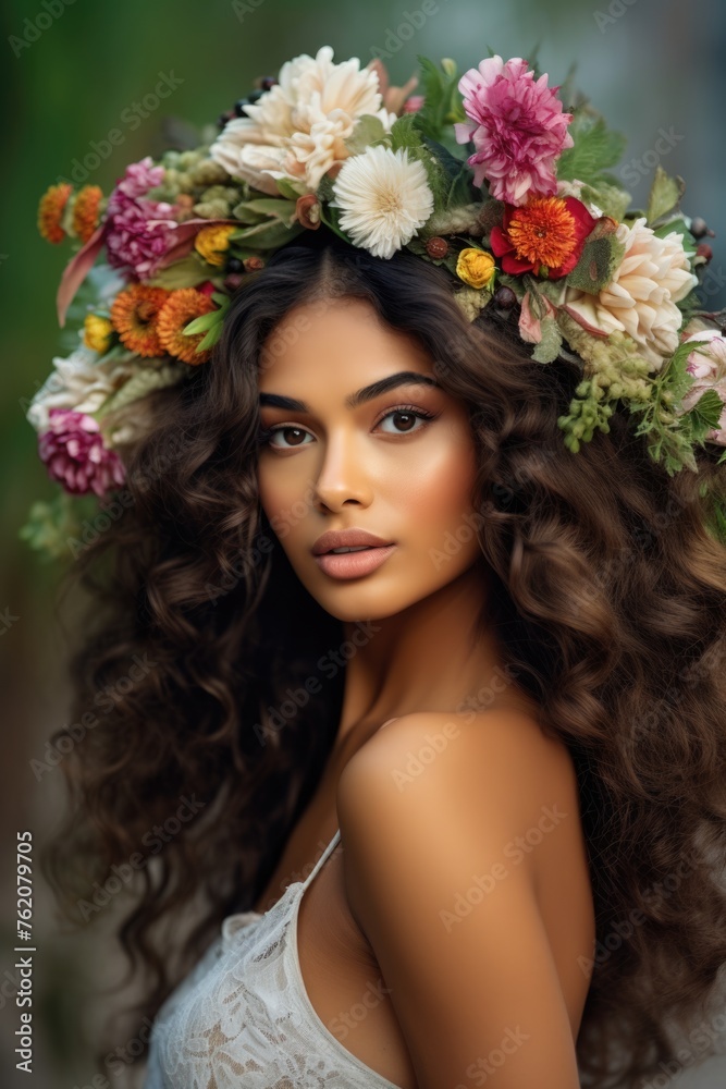 Stunning woman with long curly hair wearing a flower crown. Fictional character created by Generated AI. 