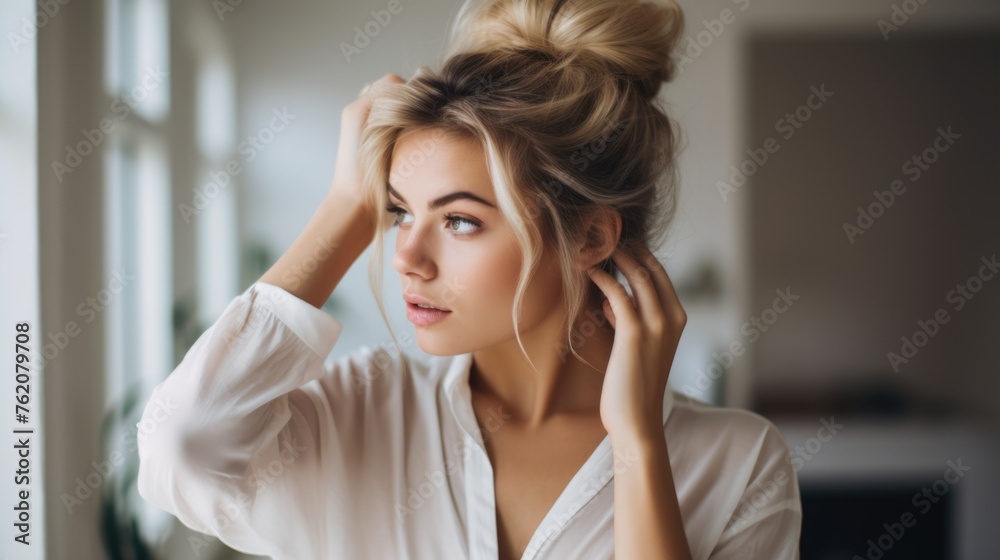 Stylish Blonde Woman Adjusting Her Hair. Fictional character created by Generated AI. Stylish Blonde Woman Adjusting Her Hair. Fictional character created by Generated AI.