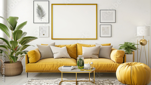 A bright and inviting living room featuring a yellow couch, otto , table, and plants. The interior design includes a mix of rectangle furniture and greenery, creating a cozy atmosphere photo