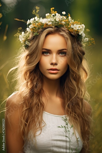Enchanting beauty with a flower crown. Fictional character created by Generated AI. 