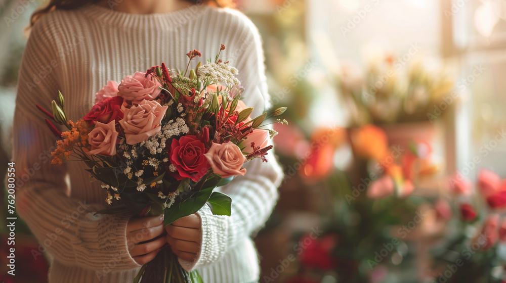 A woman delicately holds a vibrant bouquet of flowers in her hands, celebrating a special occasion with joy and gratitude, Happy Mother`s Day