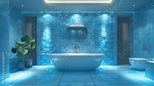 Classic style hotel bathroom with blue tiled walls. 3d rendering background