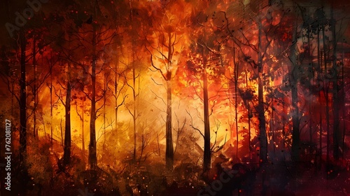 Evocative Forest Fire Scene  Suitable for Environmental Campaigns and Art