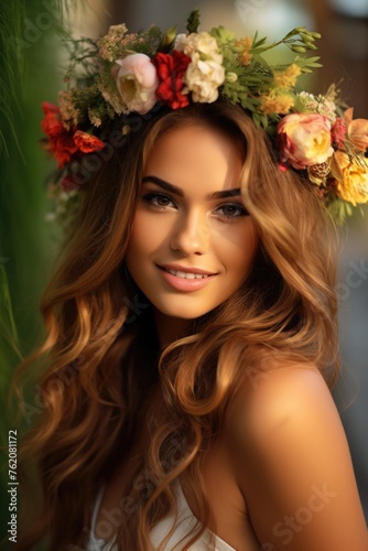 Enchanting Portrait of a Beauty Queen with a Flower Crown. Fictional character created by Generated AI. 