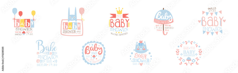 Baby Shower Invitation Template In Pastel Colors Vector Set