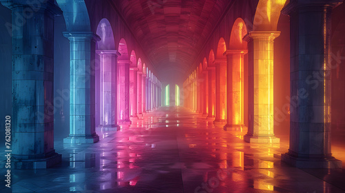Within the futuristic corridor, vibrant neon lights form a mesmerizing gradient from red to blue, casting an otherworldly glow that captivates the eye.