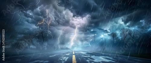 Capturing Nature's Wrath - Lightning Thunderstorm Flash Illuminates the Stormy Road, Reflecting the Raw Power of Weather. Made with Generative AI Technology