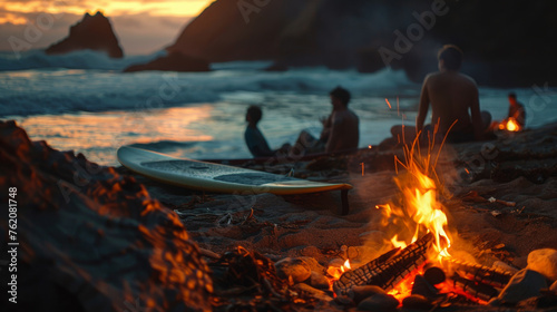 Fototapeta Naklejka Na Ścianę i Meble -  Beach bonfire on summer evening made by surfers relaxing after a day of surfing with friends , it is the moment for them to gathered around and share stories of their surf boards in the water