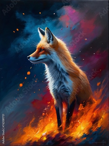 fire in the background, velvet fur on a fox, explosions, midnight, sky, small fox by itself painting with dripping paint