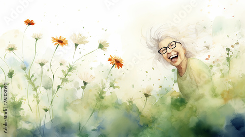 watercolor artwork, a cheerful happy grandmother laughing among flowers grass, an elderly woman, background copy space
