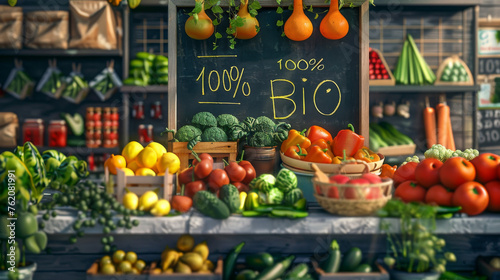 Fototapeta Naklejka Na Ścianę i Meble -  Organic vegetables and fruits shop window front view only selling Bio products concept image