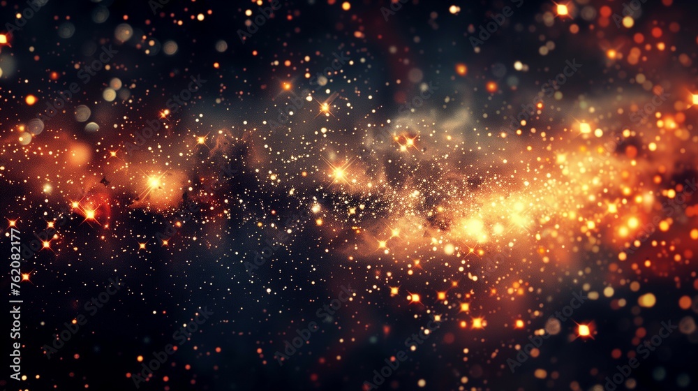 The dark background is full of golden and red glowing particles,a starry sky as the main body.