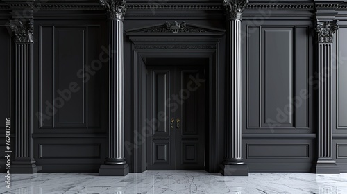 Elegant black door with classic columns and pillars. Interior colonnade stunning architecture background photo