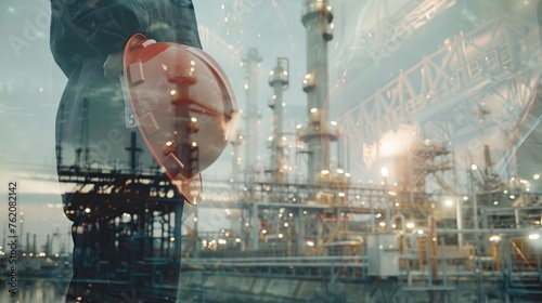 Double exposure Engineers holding safety helmet in arms and gas refinery background