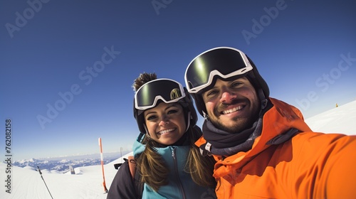portrait of a couple doing alpine skiing