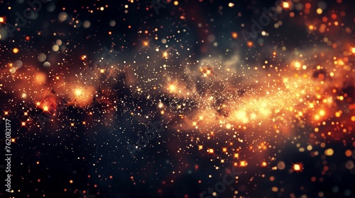 The dark background is full of golden and red glowing particles,a starry sky as the main body.