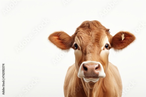 Beautiful spotted cow isolated on a clean white background for purchase in stock photo