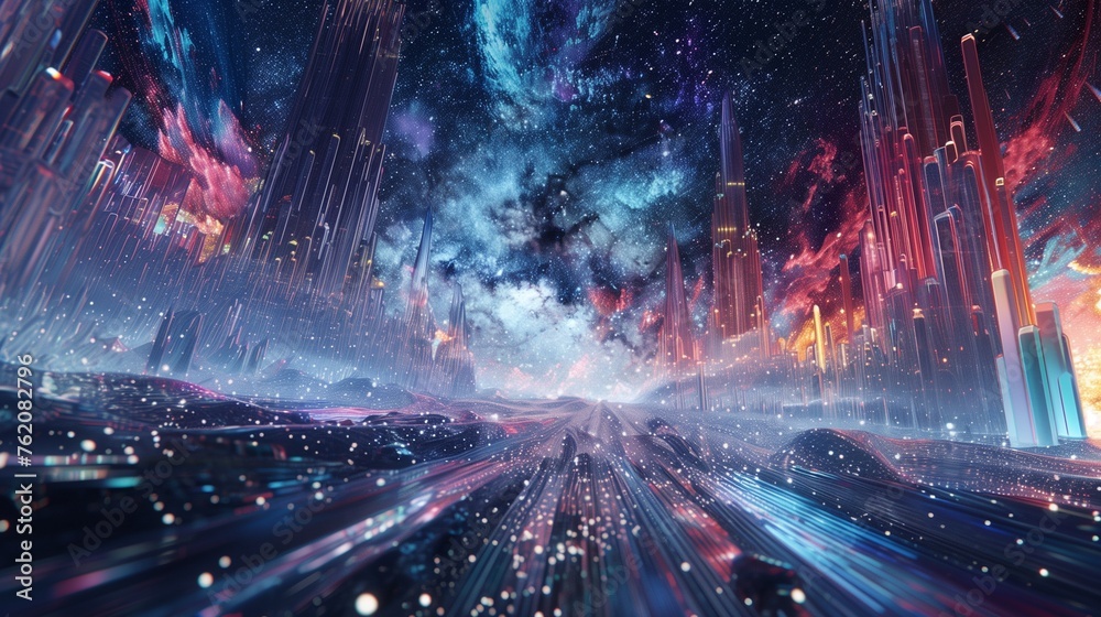 a realm of virtual reality where vast, crystalline spires stretch towards the digital sky, surrounded by a sea of shimmering code, pulsating with the heartbeat of a digital world. - obrazy, fototapety, plakaty 
